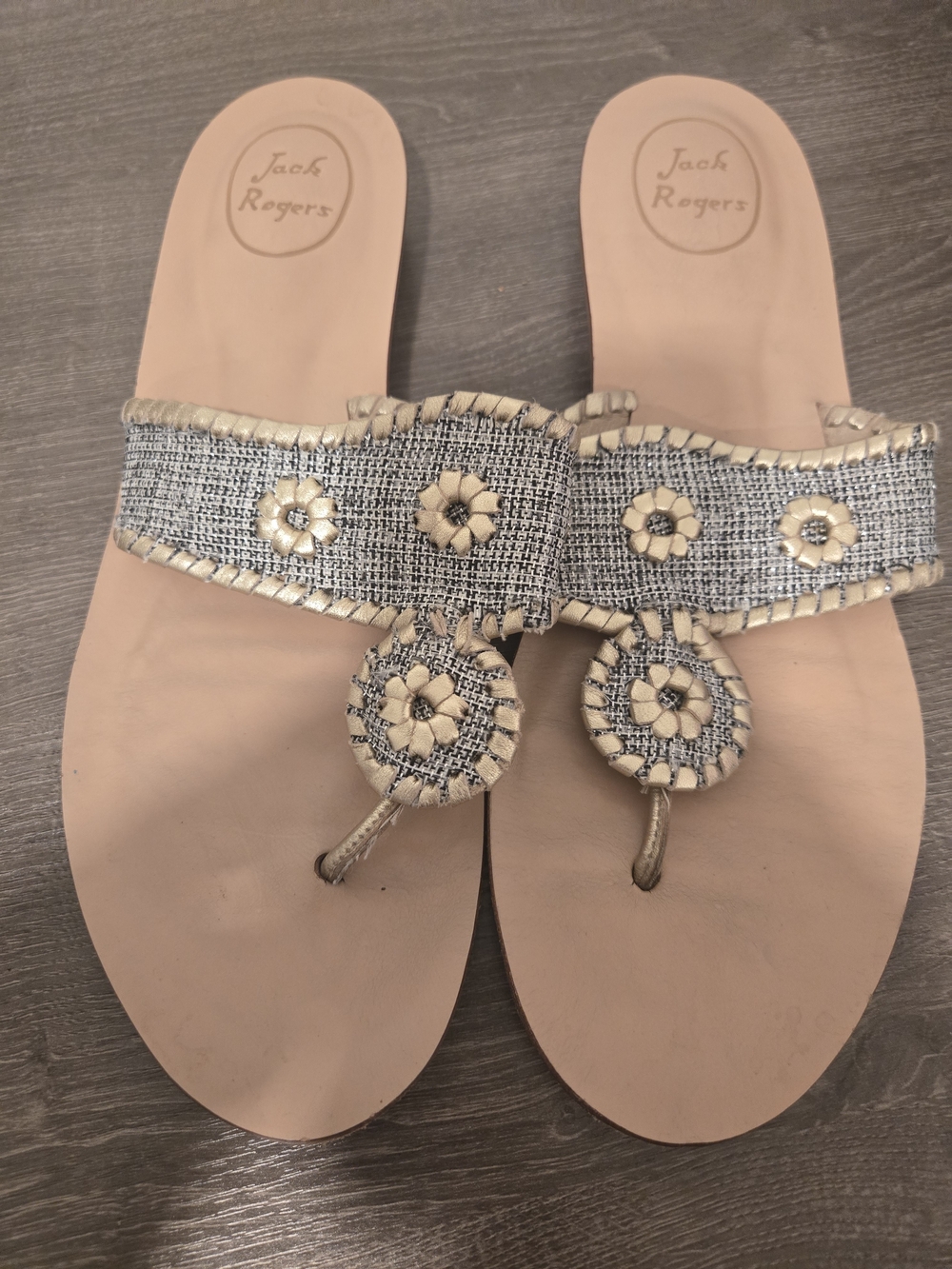 Jack Rogers Grey And Gold Tweed Floral Thong Sandals